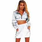 Damen Crop-Top Jacke mit elastischem Saum und Rock-Set R&B