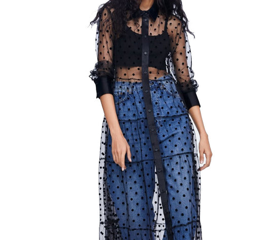 Damen Langer transparenter Duster mit gepunktetem Design und eleganten Ärmeln R&B