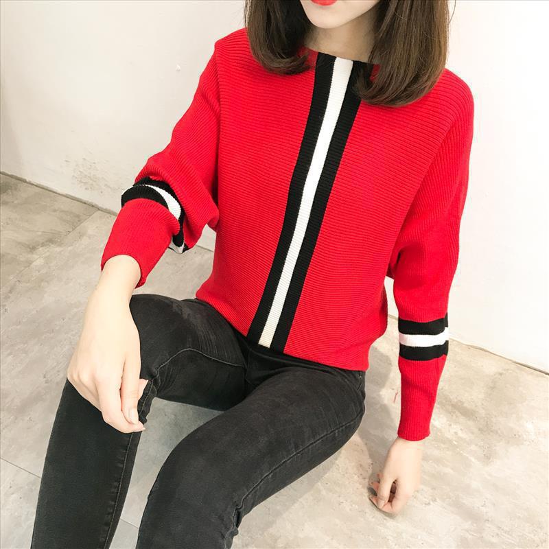 Damen sportlicher Strickpullover mit breiten Ärmeln und kreativen Streifen R&B