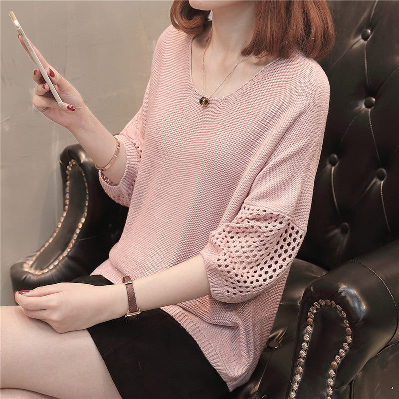 Damen lässiger Strickpullover mit luftigen Lochmustern und weichem Material