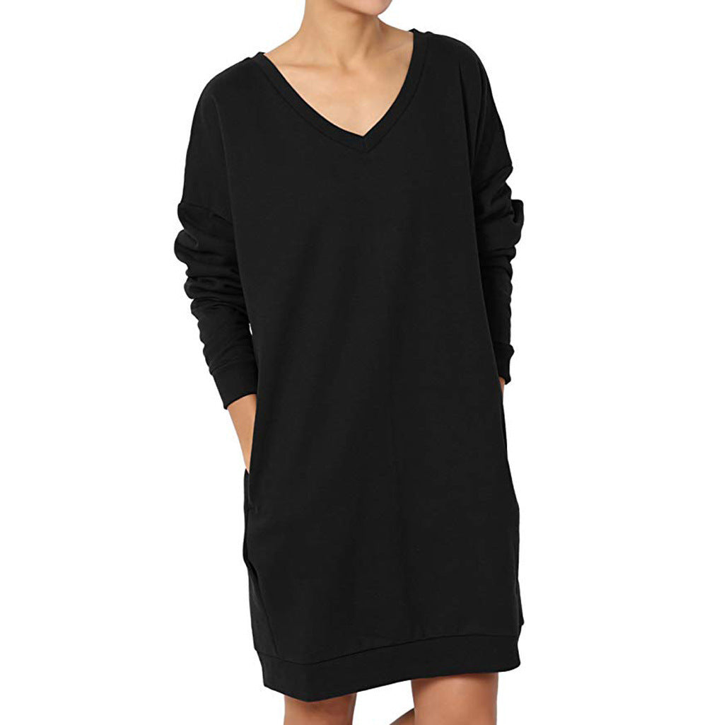 Damen lässiges Longsleeve Kleid mit tiefem V-Ausschnitt und Taschen R&B