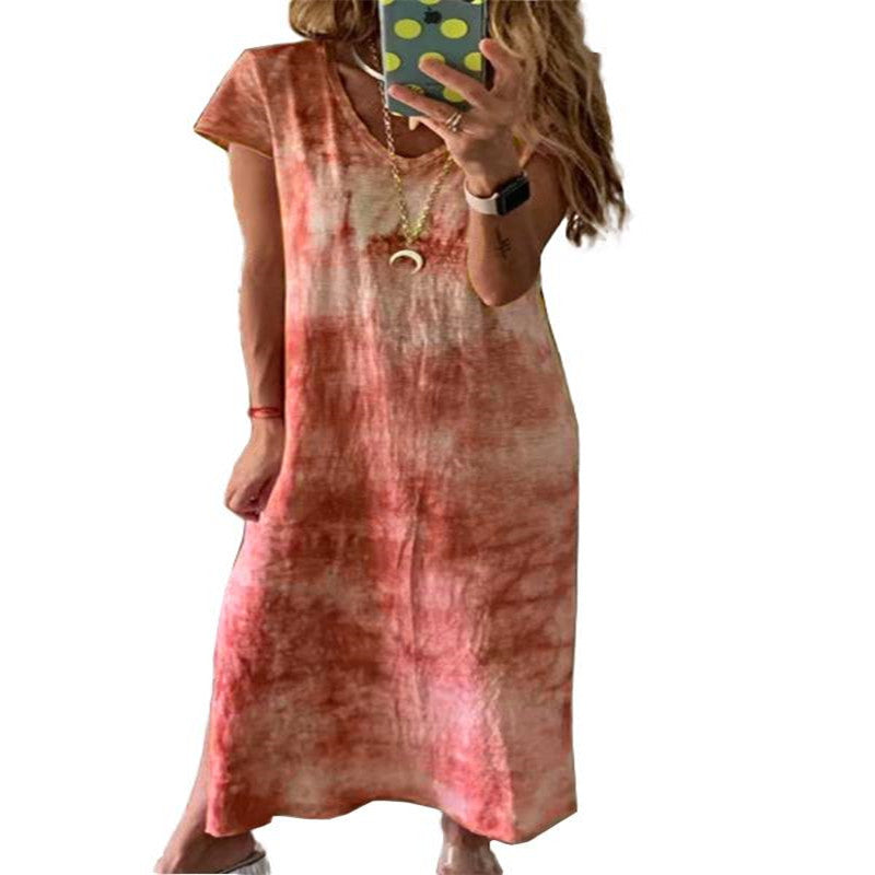 Damen Maxikleid mit kreativem Batikdesign und V-Ausschnitt R&B