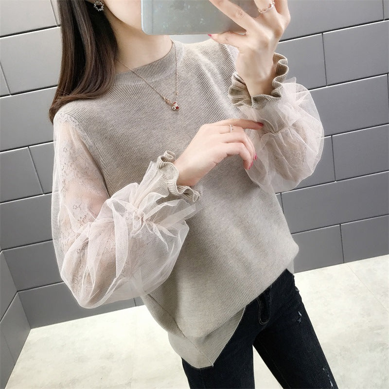 Damen Pullover mit transparenten, voluminösen Ärmeln R&B
