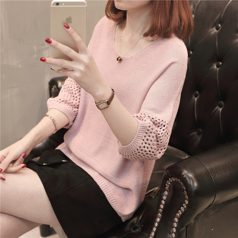 Damen lockerer Strickpullover mit raffinierter Lochmuster-Ärmeln