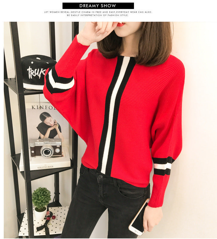 Damen sportlicher Strickpullover mit breiten Ärmeln und kreativen Streifen