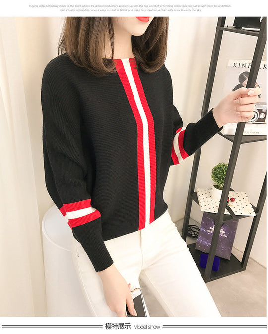 Damen sportlicher Strickpullover mit breiten Ärmeln und kreativen Streifen R&B
