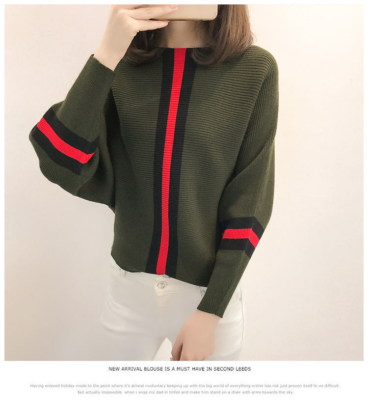 Damen sportlicher Strickpullover mit breiten Ärmeln und kreativen Streifen R&B