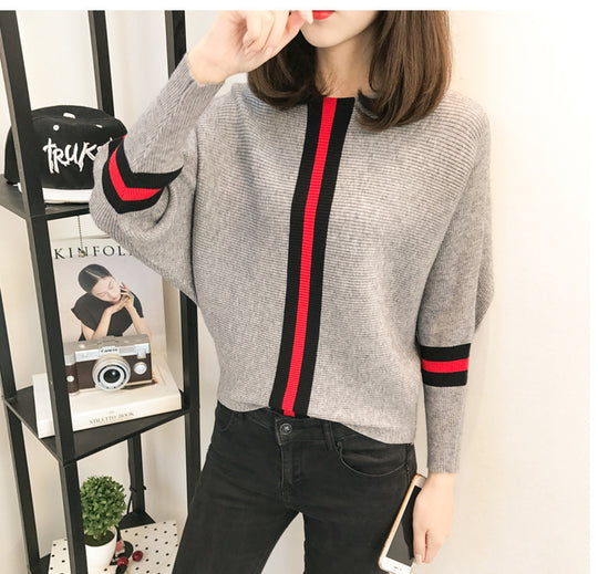 Damen sportlicher Strickpullover mit breiten Ärmeln und kreativen Streifen R&B