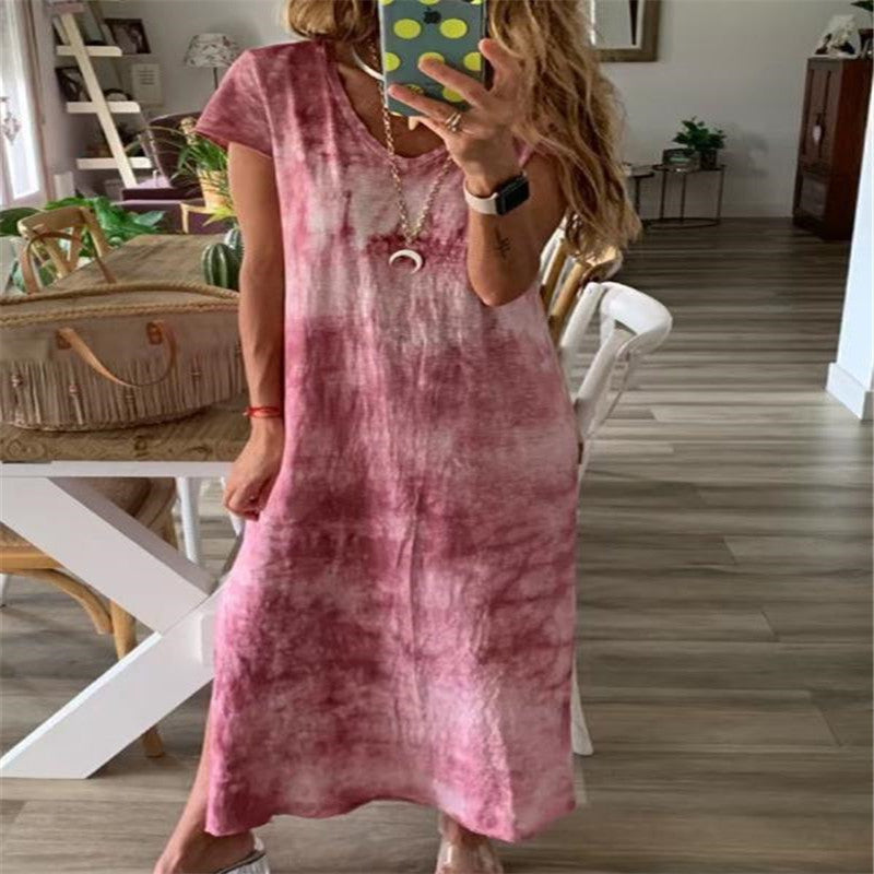 Damen Maxikleid mit kreativem Batikdesign und V-Ausschnitt R&B
