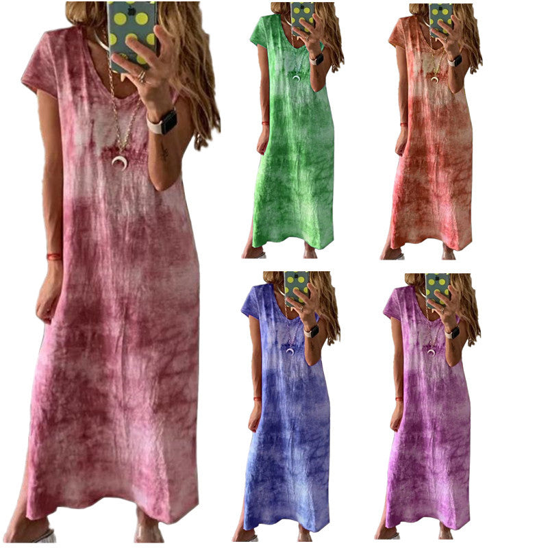 Damen Maxikleid mit kreativem Batikdesign und V-Ausschnitt R&B