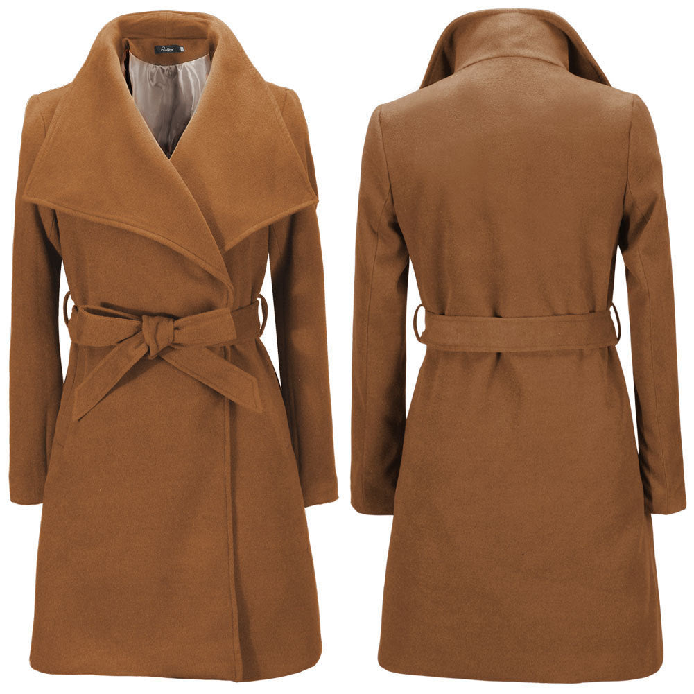 Damen eleganter Wickelmantel mit großem Kragen und Gürteldetail R&B