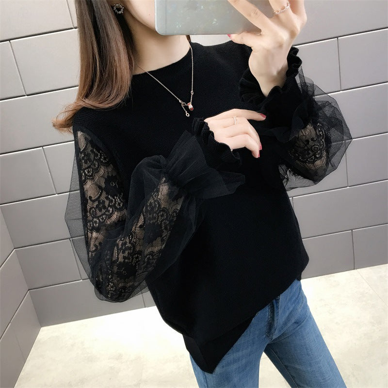 Damen Pullover mit transparenten, voluminösen Ärmeln R&B