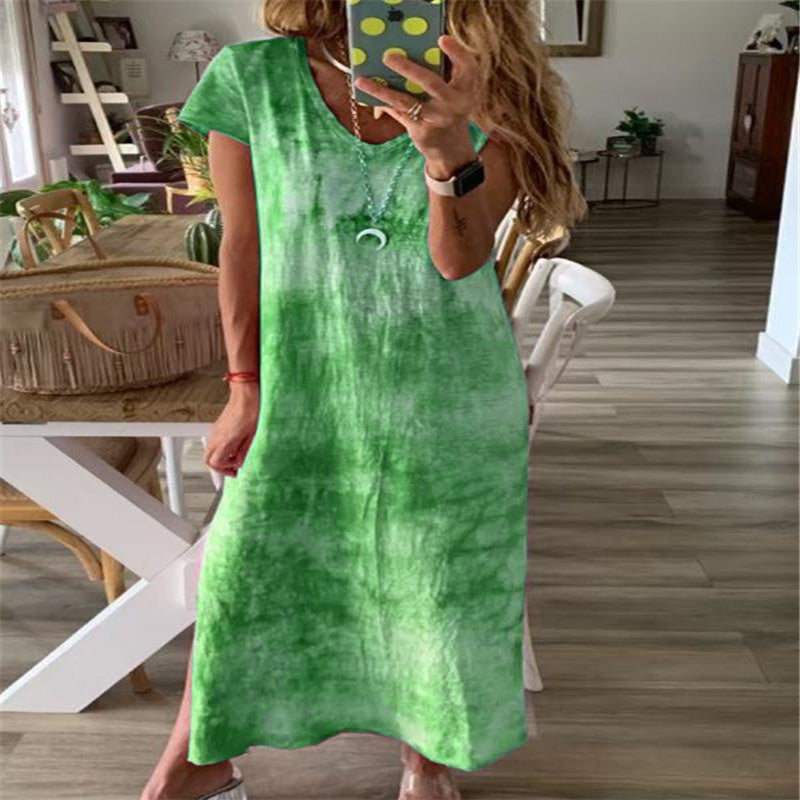 Damen Maxikleid mit kreativem Batikdesign und V-Ausschnitt R&B