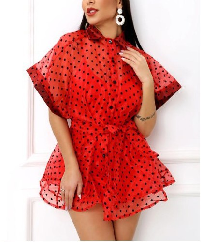 Damen Polka-Dots Chiffon-Kleid mit voluminösen Ärmeln und elastischer Taille R&B