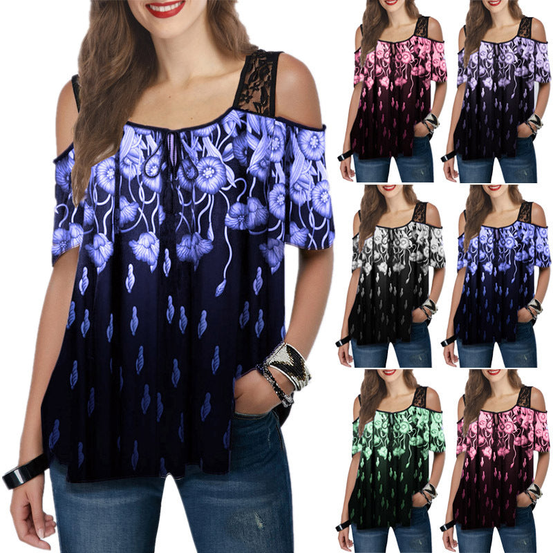 Damen Off-Shoulder Blusenshirt mit floralen Akzenten und transparenten Ärmeln R&B