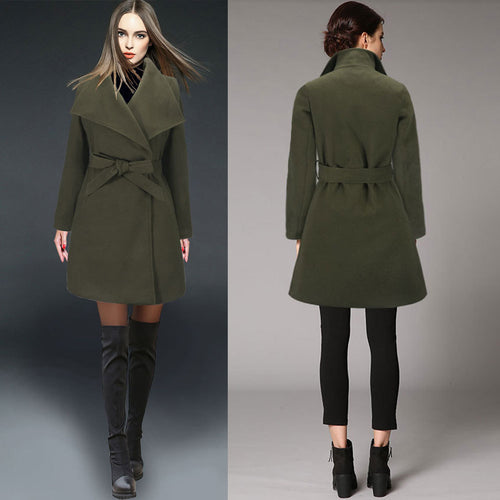 Damen eleganter Wickelmantel mit großem Kragen und Gürteldetail R&B