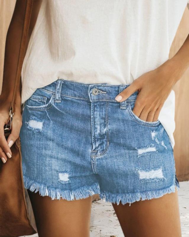 Damen Destroyed Denim-Shorts mit fransigem Saum und lässigem Schnitt R&B
