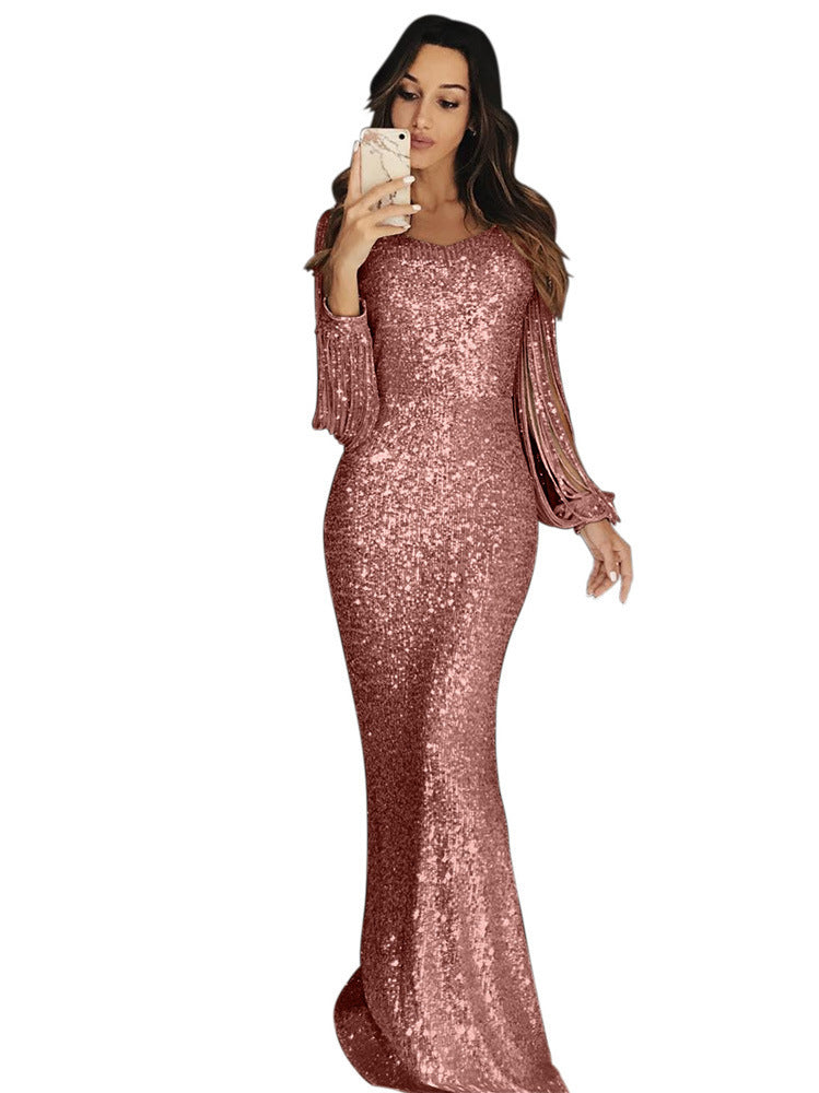 Damen elegantes Pailletten Abendkleid mit schmeichelndem Schnitt und langen Ärmeln R&B