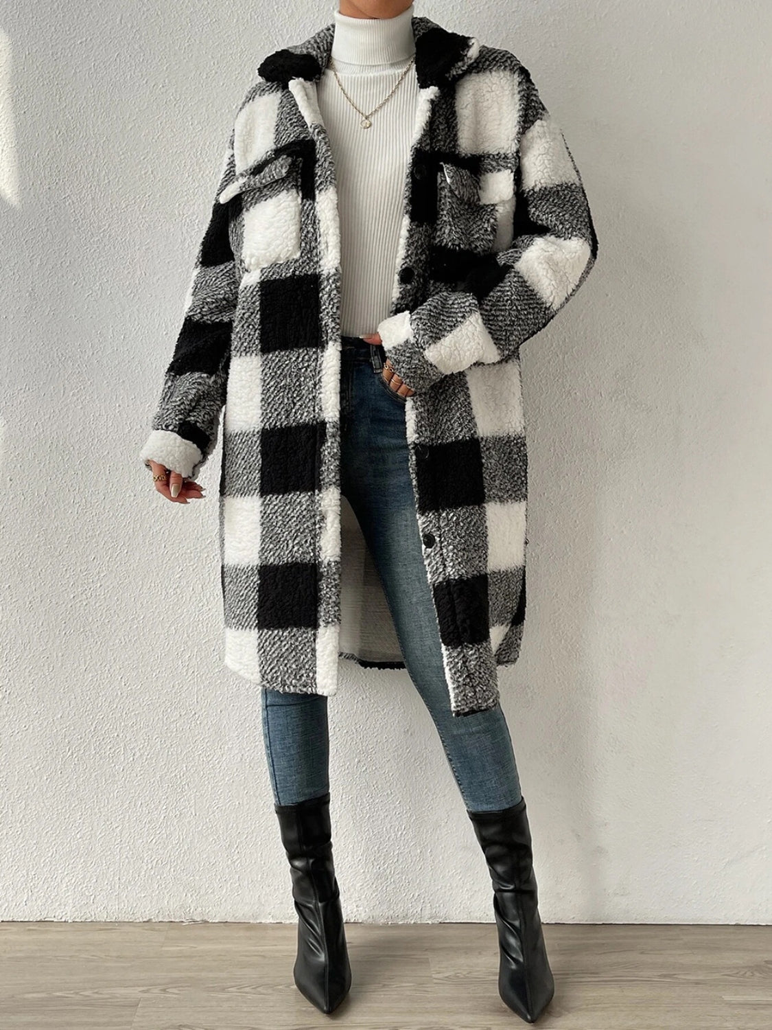 R&B | kariert Jacke mit plüschigem Kragen und Knöpfen