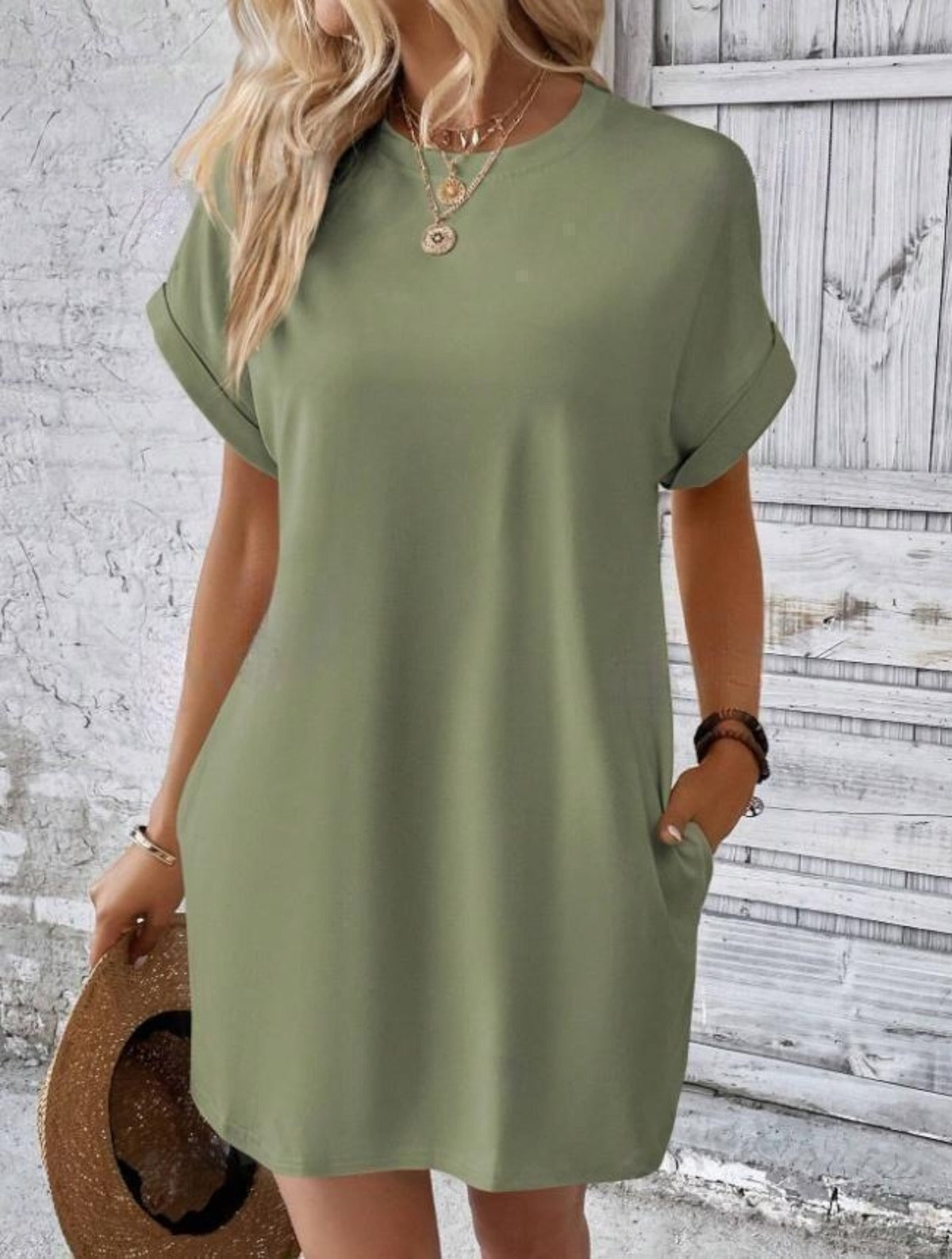 R&B | Lässiges einfarbiges Kleid mit Rundhalsausschnitt