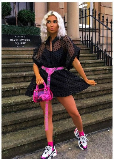 Damen Polka-Dots Chiffon-Kleid mit voluminösen Ärmeln und elastischer Taille R&B