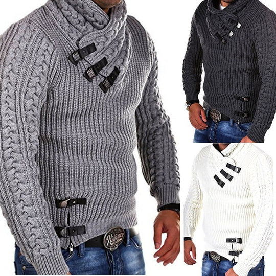 Herren Strickpullover mit innovativem Schalkragen und exklusiven Knopfdetails R&B