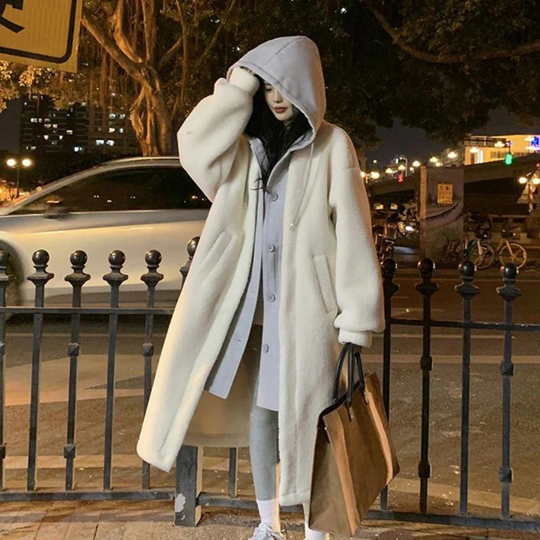 R&B | Winter Lange Kapuzen Oversize Jacke Knopf Leiste