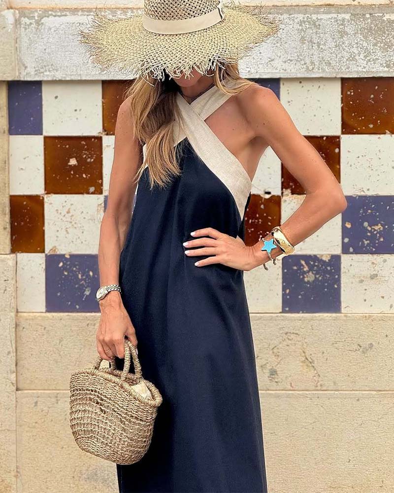R&B | Kreuzförmig Rückenfreies Elegantes Kleid mit Kontrastfarbe