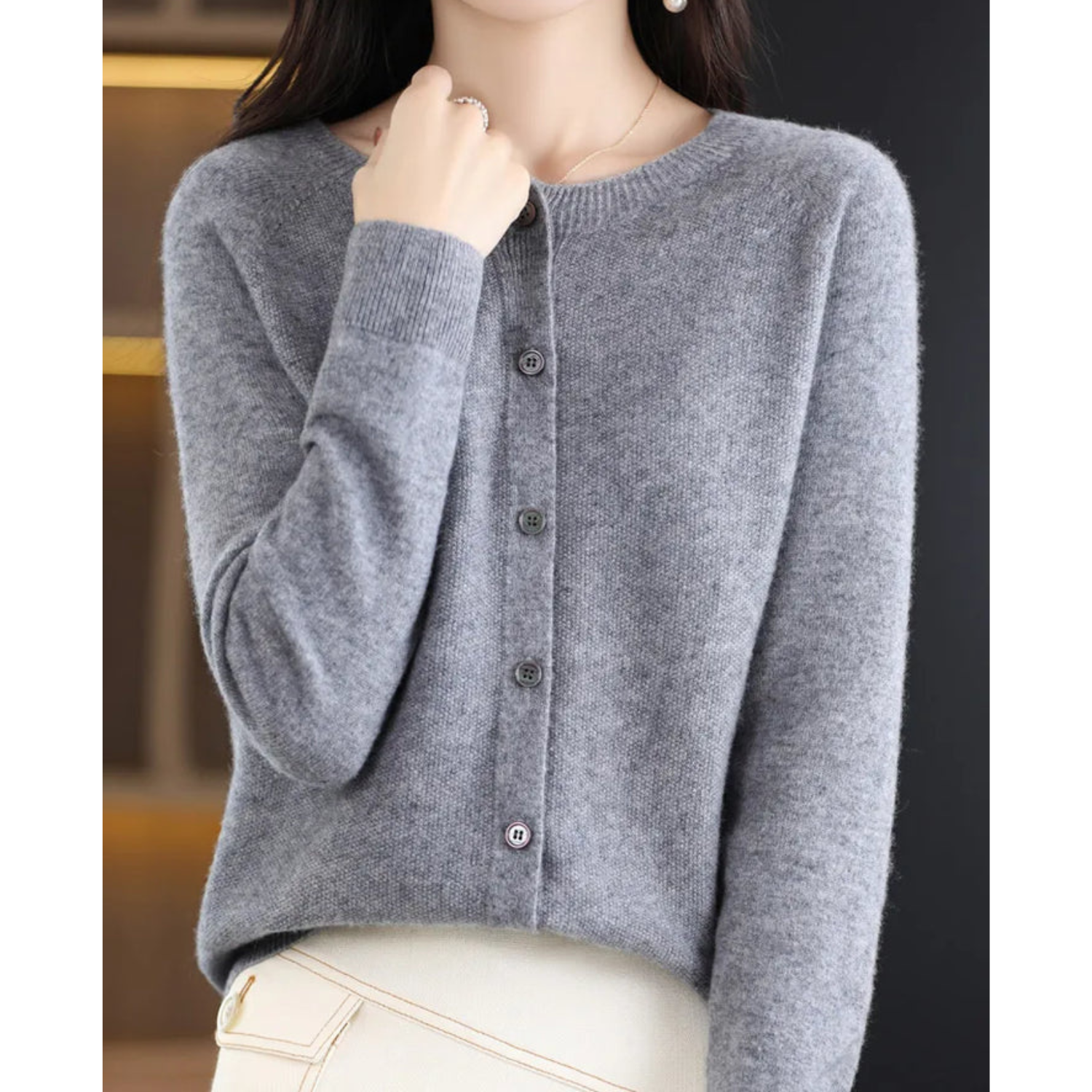 R&B | Strickjacke Weiche Wolle Lockere Passform Knopfverschluss Gerippte Kanten
