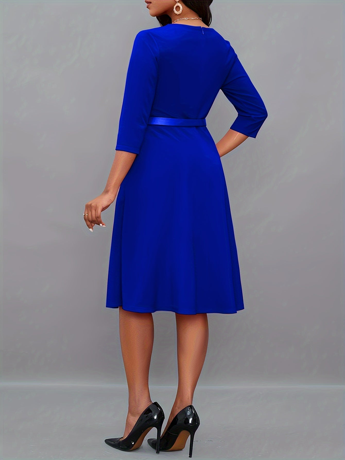 R&B | Einfarbige Asymmetrische Halsgürtel 3/4 Ärmel Festliches Kleid Für Frauen | Ideal Für Alle Jahreszeiten