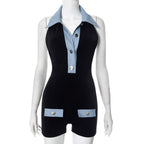 R&B | Polokragen Denim kontrastierenden Jumpsuit Shorts