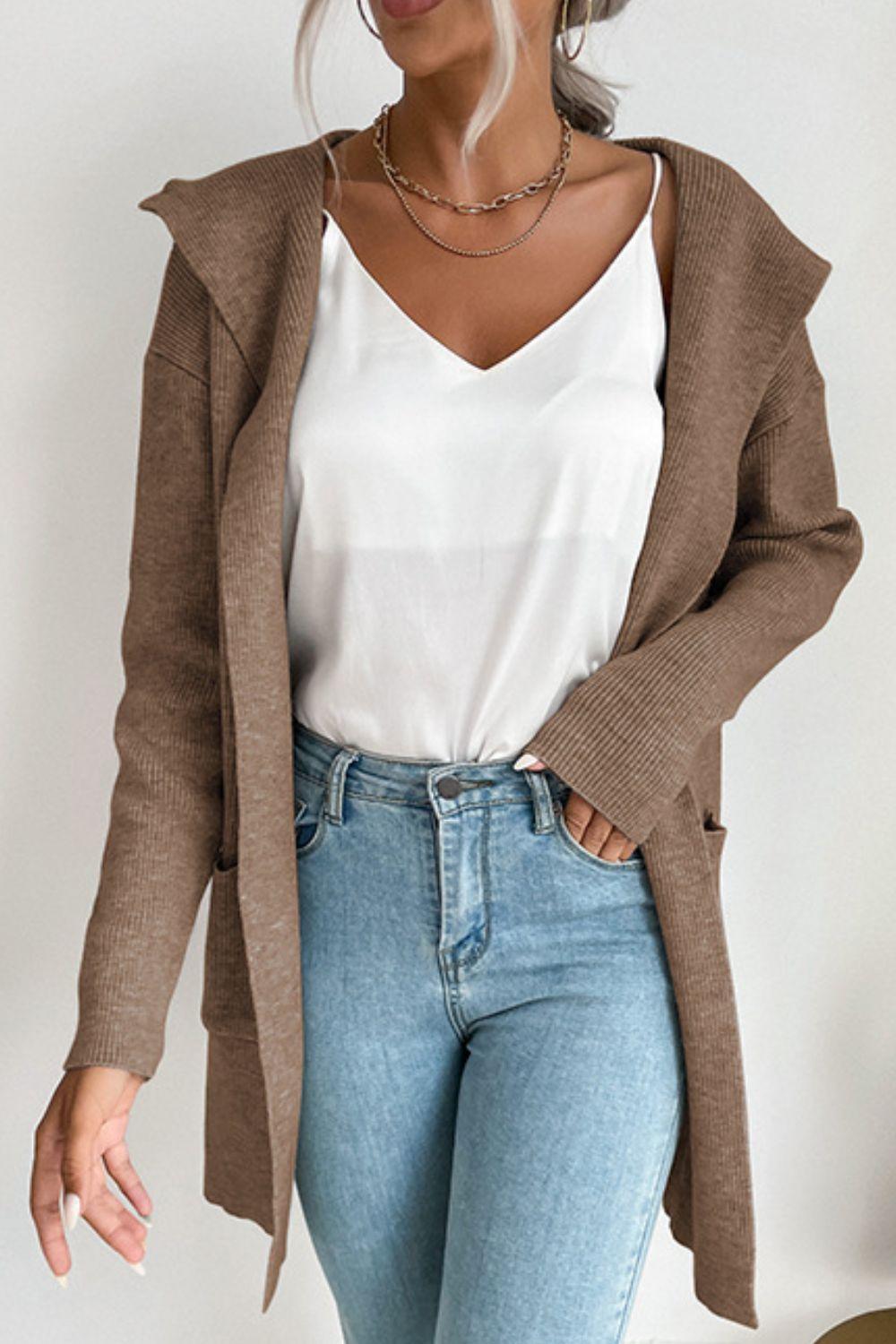 R&B | geripptes offen-front Cardigan mit Kapuze und Taschen