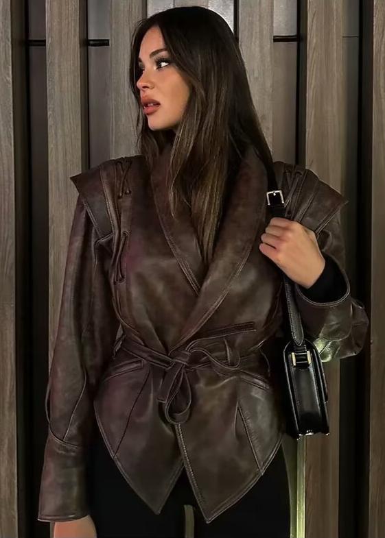 R&B | Leder Wickeljacke mit Gürtel
