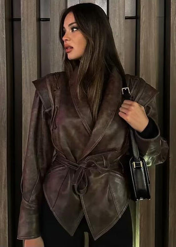 R&B | Leder Wickeljacke mit Gürtel