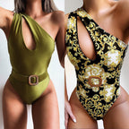 Damen asymmetrischer Einteiler Badeanzug mit schickem Gürtel