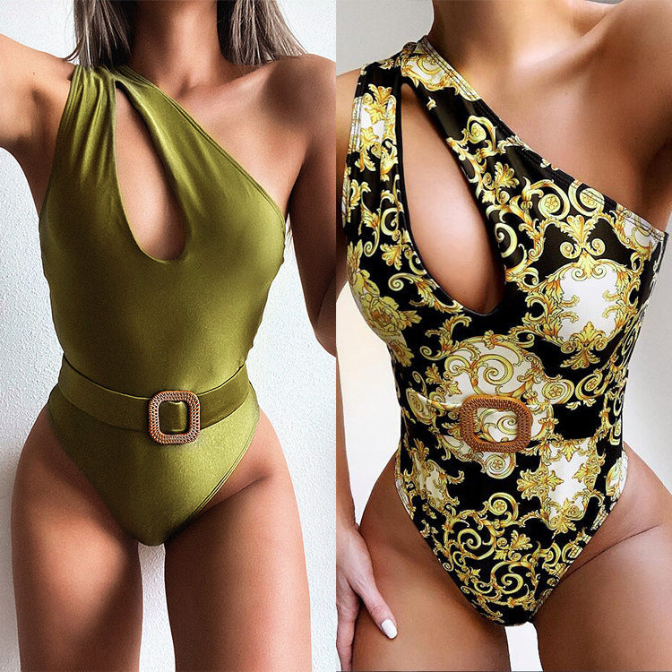 Damen asymmetrischer Einteiler Badeanzug mit schickem Gürtel