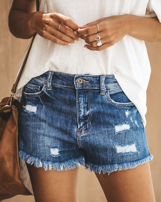 Damen Destroyed Denim-Shorts mit fransigem Saum und lässigem Schnitt R&B