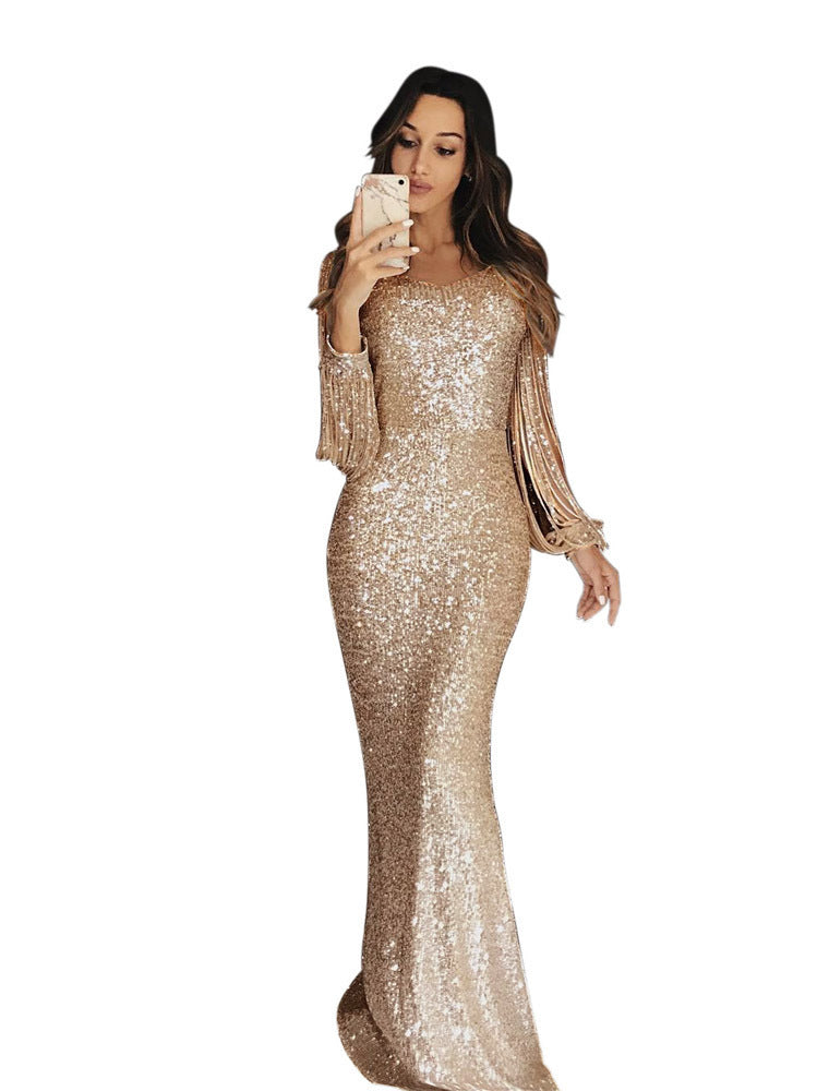Damen elegantes Pailletten Abendkleid mit schmeichelndem Schnitt und langen Ärmeln R&B