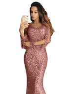 Damen elegantes Pailletten Abendkleid mit schmeichelndem Schnitt und langen Ärmeln R&B