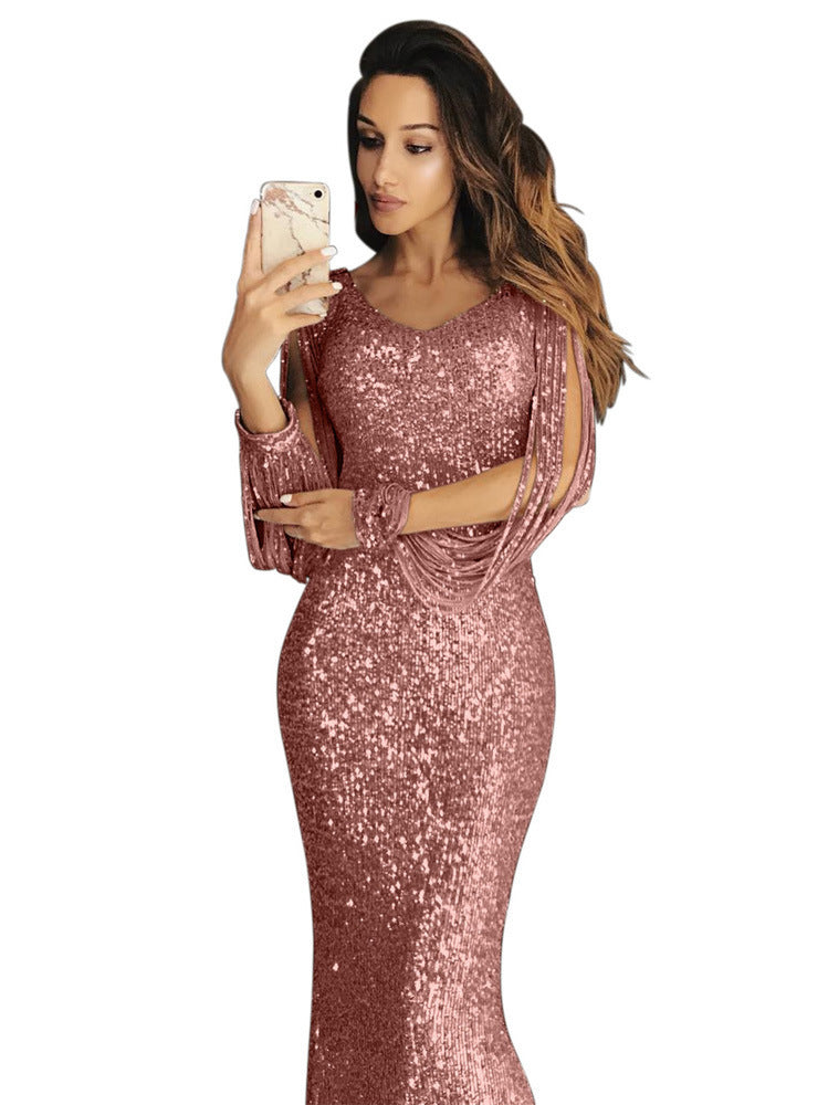Damen elegantes Pailletten Abendkleid mit schmeichelndem Schnitt und langen Ärmeln R&B