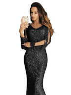 Damen elegantes Pailletten Abendkleid mit schmeichelndem Schnitt und langen Ärmeln R&B
