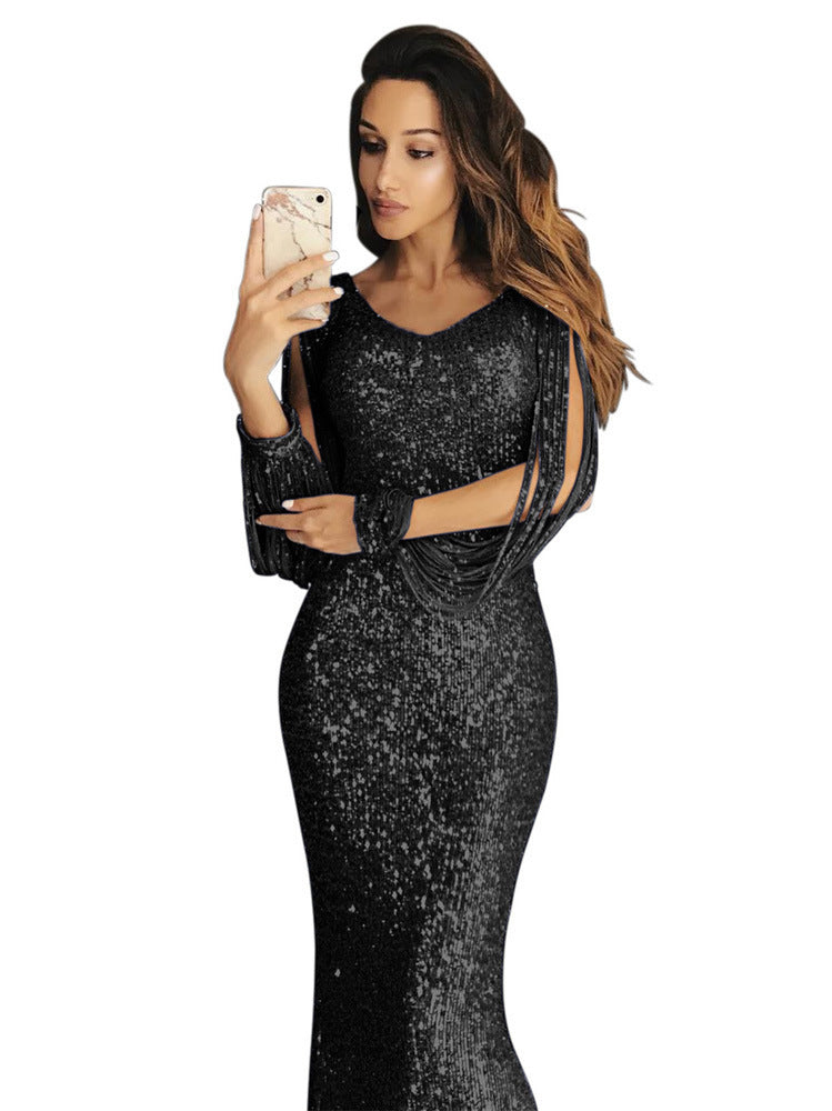 Damen elegantes Pailletten Abendkleid mit schmeichelndem Schnitt und langen Ärmeln R&B