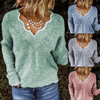 Damen kuscheliger Strickpullover mit tiefem V-Ausschnitt und gewellten Abschlüssen R&B