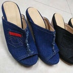 Damen Wedge-Pantoletten aus Denim mit modischem Fransen-Design R&B