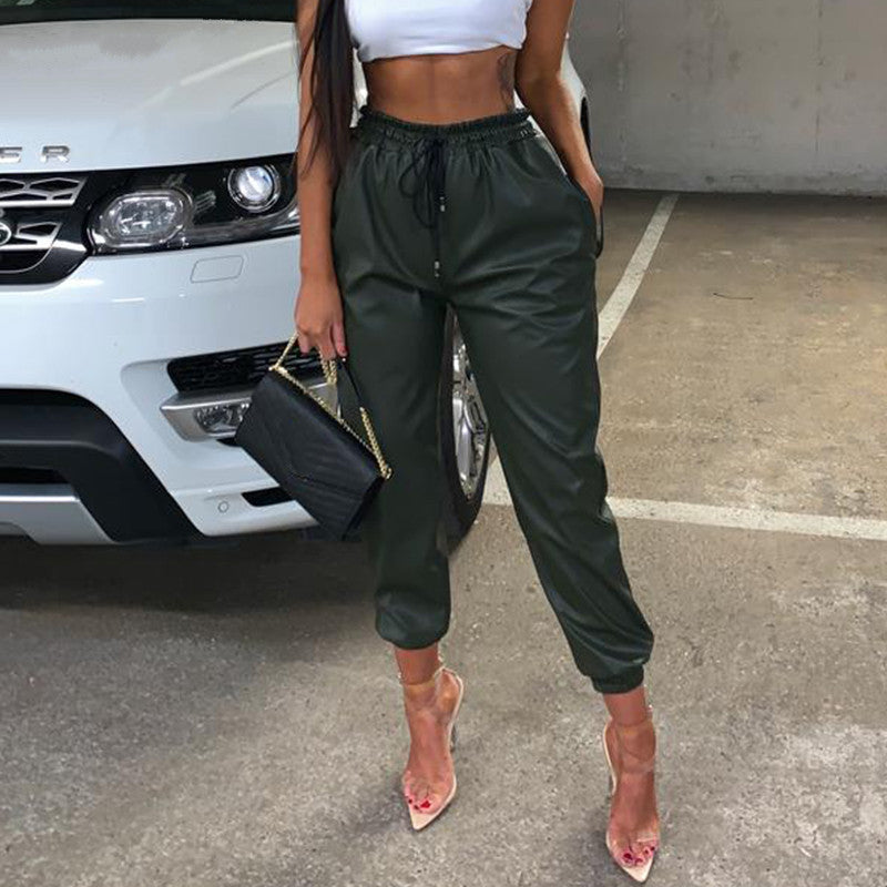 Damen Kunstleder Jogginghose mit elastischem Bund und seitlichen Taschen R&B