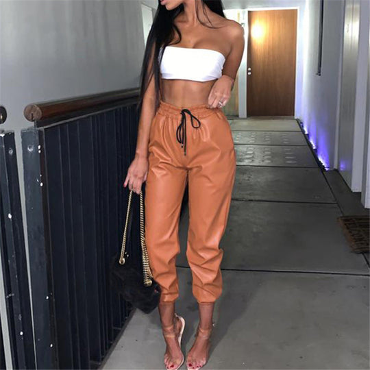 Damen Kunstleder Jogginghose mit elastischem Bund und seitlichen Taschen R&B