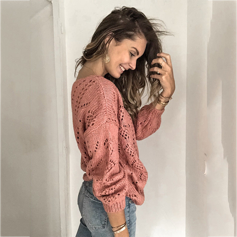 Damen lässige Strickjacke mit filigranem Lochmuster und Knopfdetails R&B