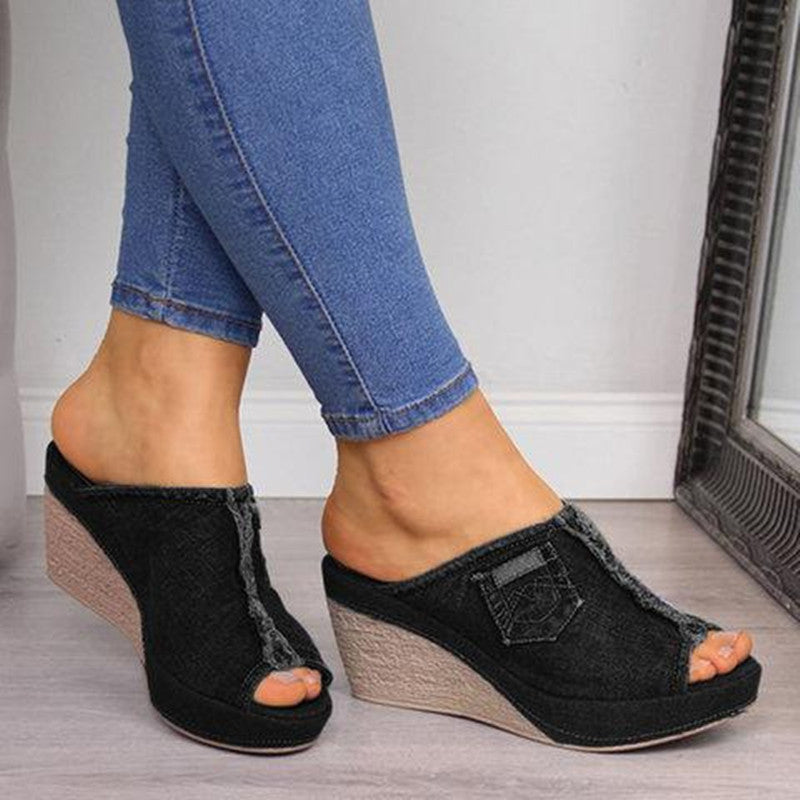 Damen Wedge-Pantoletten aus Denim mit modischem Fransen-Design R&B