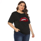 Damen modisches T-Shirt mit glänzendem Lippenmotiv R&B