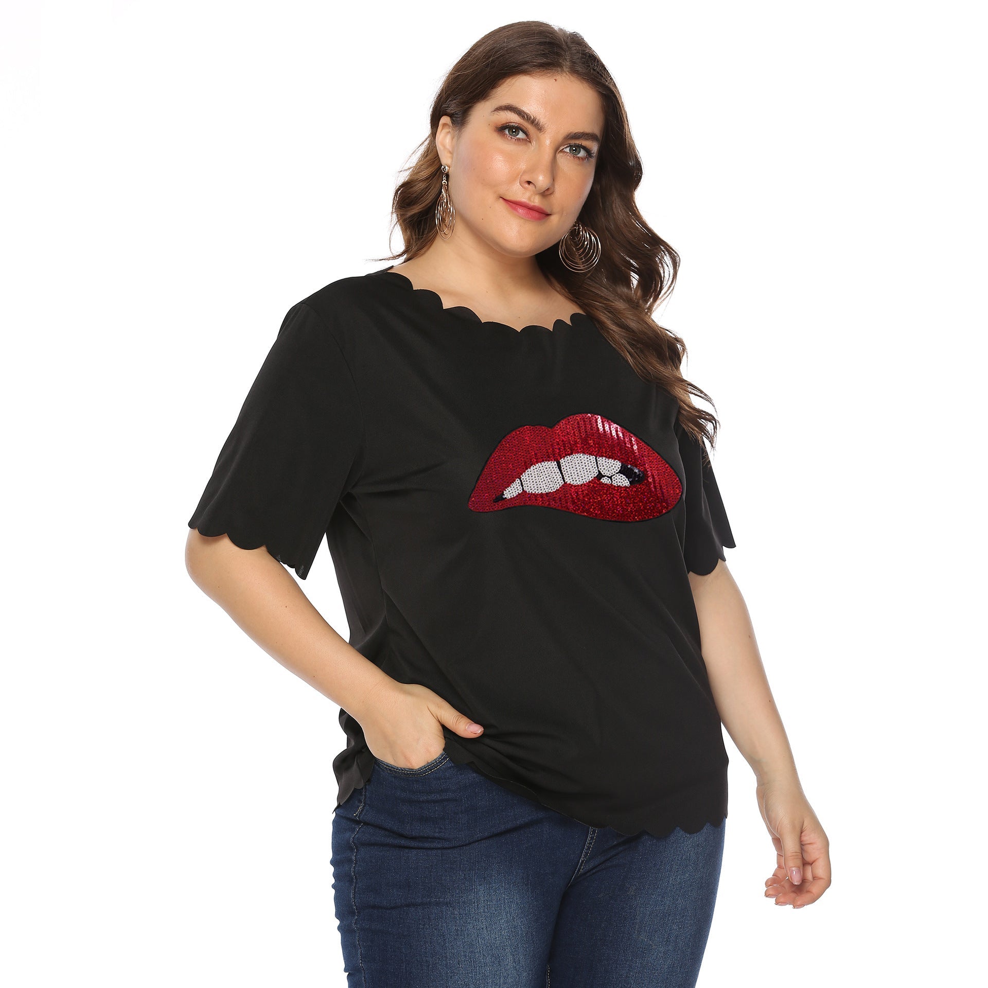 Damen modisches T-Shirt mit glänzendem Lippenmotiv R&B